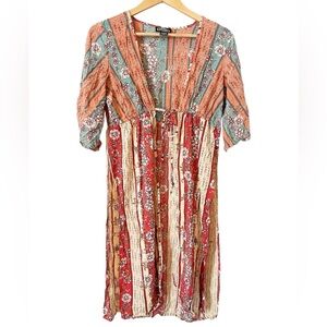 Angie Boho Floral Middle Tie Short Sleeve Rayon Kimono‎ Women’s Size Medium